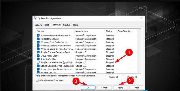 Hướng dẫn cách sửa lỗi màn hình xanh Windows 11 (4) Tắt Cập Nhật Service Google
