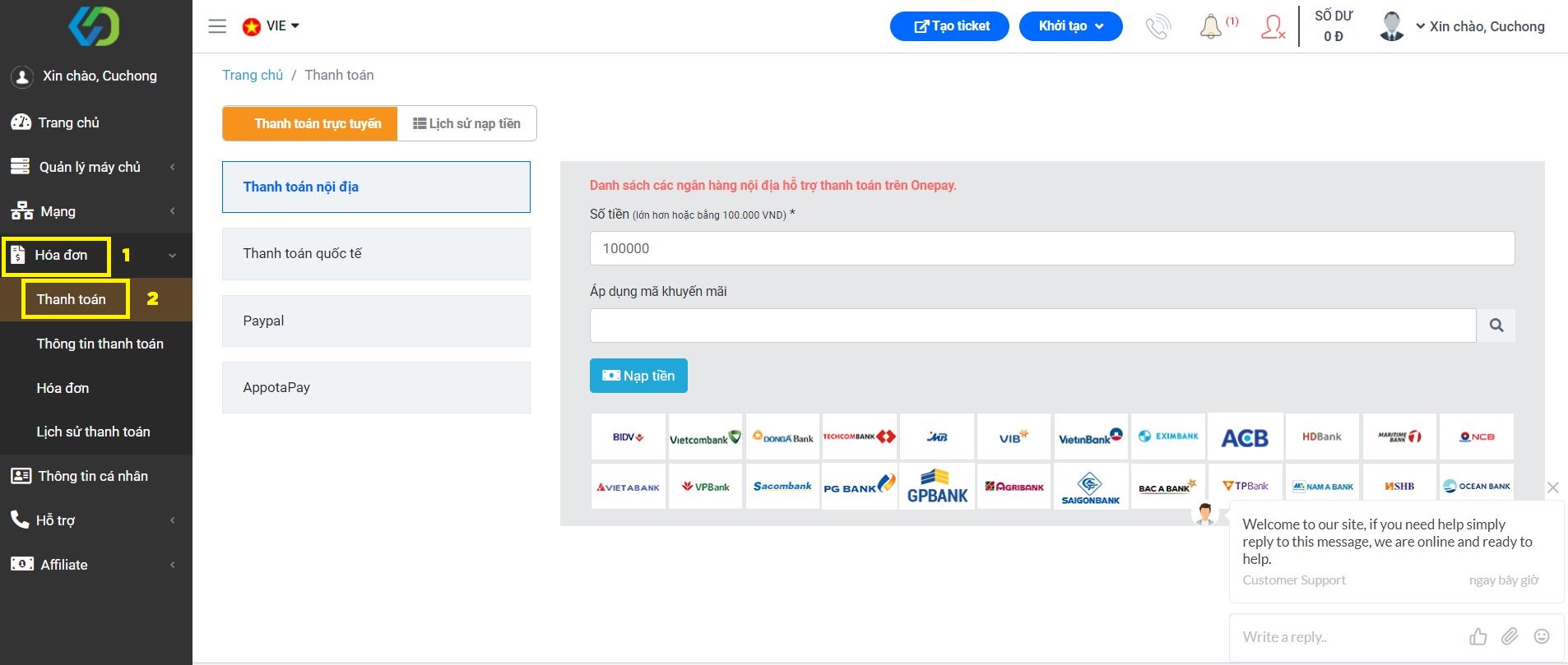 Hướng dẫn sử dụng mã khuyến mãi Cloud Server và Hosting (6)
